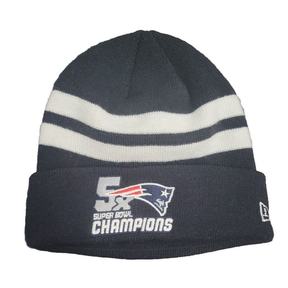 New England Patriots NFL 5X SUPER BOWL CHAMPIONS Navy White Knit Beanie Hat Cap